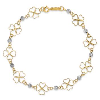 14k Two-tone Gold Diamond-Cut Open Clovers and Beads Link Bracelet