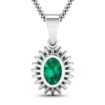 1.10ctw 14K White Gold Zambian Emerald and White Diamond Pendant with 18
inch Cable Chain