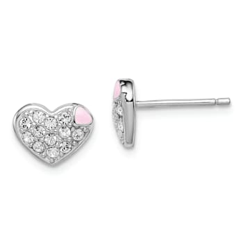 Rhodium Over Sterling Silver Enamel and Crystal Heart Post Earrings