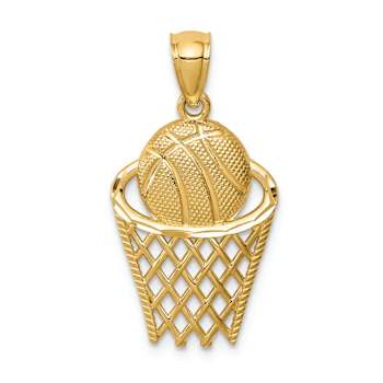 14k Yellow Gold Basketball in Hoop Pendant