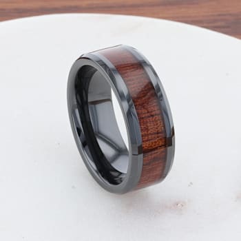 BENNY Black Ceramic Polished Beveled Edges Men’s Wedding Band with
Bubinga Wood Inlay 8mm