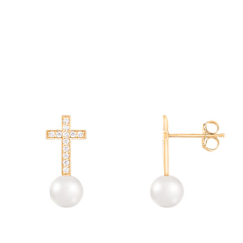 White Cultured Freshwater Pearl 14k Yellow Gold Earrings 6-6.5mm