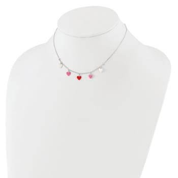 Sterling Silver Polished Pink, Red and White Enamel Heart Children's Necklace