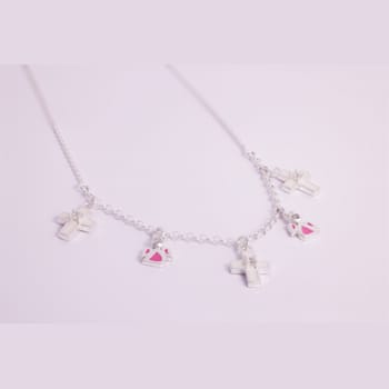 Sterling Silver Polished Enamel Cubic Zirconia Cross and Angels
Children's Necklace