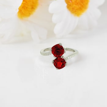 Red Lab Created Ruby and Moissanite Rhodium Over Sterling Silver Bypass Ring
