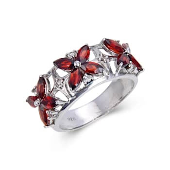 Marquise Garnet and White Topaz Sterling Silver Floral Ring, 2.44ctw