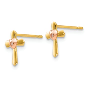 14K Yellow Gold and 14K Rose Gold Children's Cubic Zirconia Cross Heart
Stud Earrings