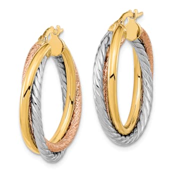 14K Yellow Gold and Rhodium Over 14K Yellow Gold 1 1/16" Polished
and Textured Twisted Hoop Earrings