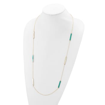 14K Yellow Gold Teal and White Color Mother Of Pearl Bar 34 Inch Necklace