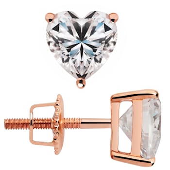 White Cubic Zirconia 14k Rose Gold Heart Studs With Velvet Gift Box 1.50ctw