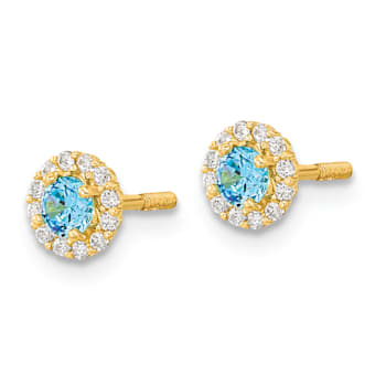 14K Yellow Gold 5.35mm Polished Blue and Clear Cubic Zirconia Stud Earrings