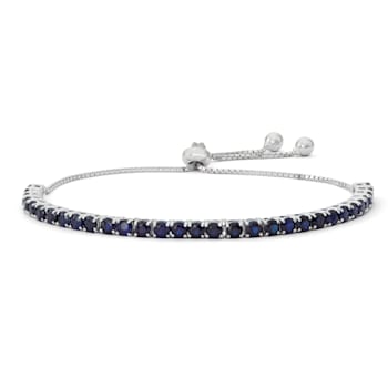 Round Lab Created Blue Sapphire Sterling Silver Bolo Bracelet 4.03ctw