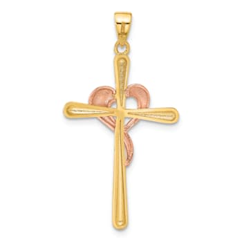 Rhodium Over 14K Tri-color Gold Polished Cross with Heart Pendant