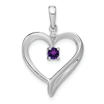 Rhodium Over 14k White Gold Amethyst and Diamond Heart Pendant