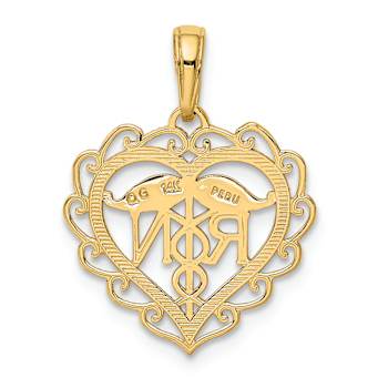 14k Yellow Gold Textured RN Registered Nurse Heart Pendant