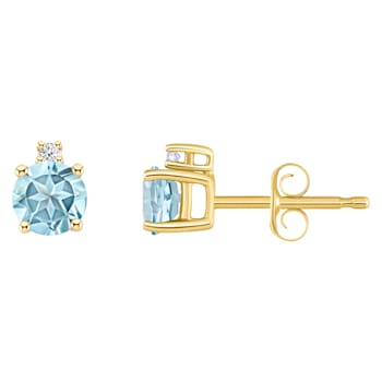 4mm Round Aquamarine with Diamond Accents 14k Yellow Gold Stud Earrings