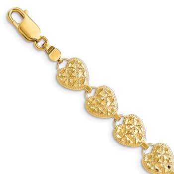 14k Yellow Gold Polished, Textured and Diamond-Cut Hearts Link Bracelet
