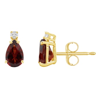 6x4mm Pear Shape Garnet with Diamond Accents 14k Yellow Gold Stud Earrings