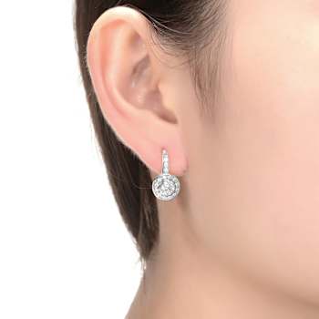 CZ Bezel Halo Drop Earrings In White Rhodium Over Brass