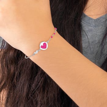 Sterling Silver Polished Pink Enamel Heart Children's 6in Bracelet