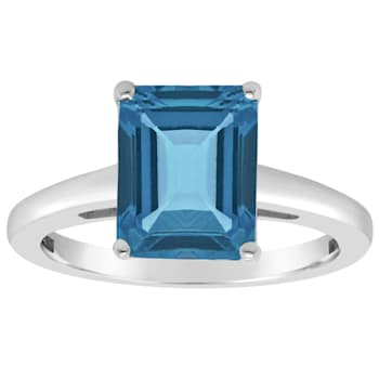 10x8mm Emerald Cut London Blue Topaz Rhodium Over Sterling Silver Ring