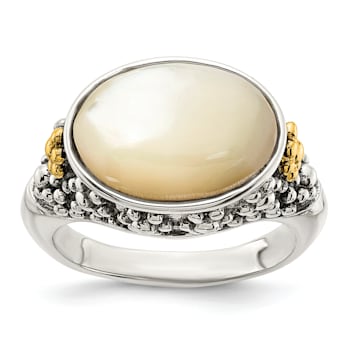 Sterling Silver Antiqued with 14K Accent Floral Oval Mother Of Pearl Ring