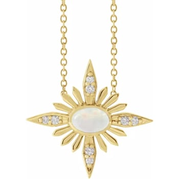14K Yellow Gold Oval Cabochon Ethiopian Opal and Round Diamond Celestial Necklace.