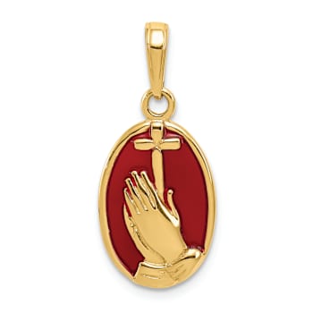 14k Yellow Gold Red Enamel Praying Hands and Cross Pendant