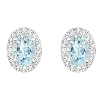 6x4mm Oval Aquamarine 1/6 ctw Diamond Rhodium Over Sterling Silver Halo
Stud Earrings