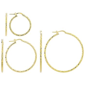 Set Of 3 Twisted Hoop Earrings In 18K Gold Over Bronze