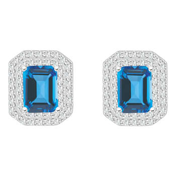 8x6mm Emerald Cut Swiss Blue Topaz And White Topaz Rhodium Over Sterling
Silver Double Halo Earrings