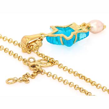 Blue Venetian Glass And Pearl Starfish Pendant In 18K Gold Over Sterling Silver