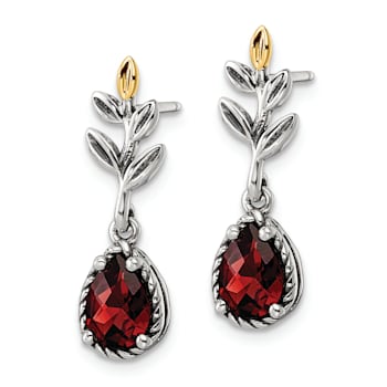 Sterling Silver with 14K Accent Antiqued Leaf Garnet Dangle Post Earrings