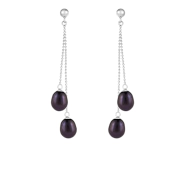 7-7.5mm Black Cultured Freshwater Pearl Rhodium Over Sterling Silver Earrings