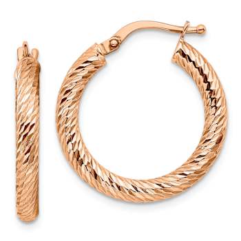 14k Rose Gold 7/8" Polished and Diamond-Cut Round Hoop Earrings