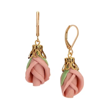 Gold Tone Pink Porcelain Rose Bud Leverback Earrings