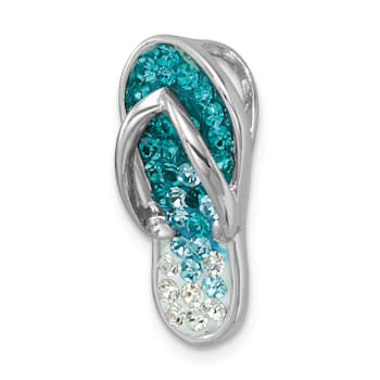 Rhodium Over Sterling Silver Polished Blue Crystal Flip Flop Chain Slide
