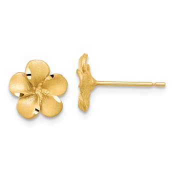 14k Yellow Gold Satin Diamond-Cut Plumeria Stud Earrings