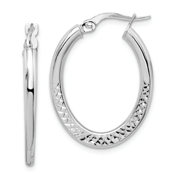 Rhodium Over 14k White Gold Diamond-Cut 1" Oval Hoop Earrings