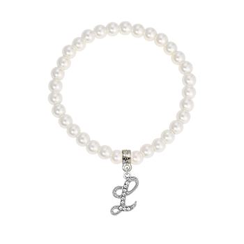 White Faux Pearl Bead Initial Charm Stretch Bracelet
