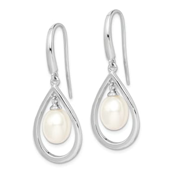 Rhodium Over Sterling Silver 6-7mm White Freshwater Cultured Pearl
Dangle Earrings