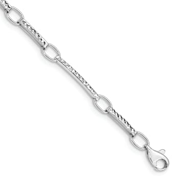 Rhodium Over 14k White Gold 4mm Polished and Textured Fancy Link Bracelet