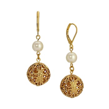 Gold Tone Faux Pearl & Gold Filigree Round Bead Drop Earrings