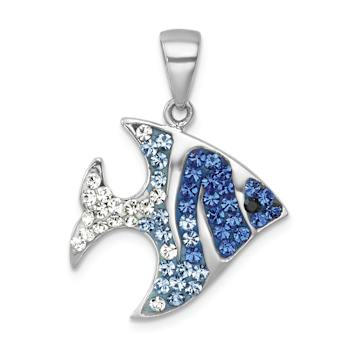 Rhodium Over Sterling Silver Blue and White Crystal Angel Fish Pendant
