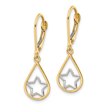 14k Yellow Gold and Rhodium Over 14k Yellow Gold Star in Teardrop Dangle Earrings