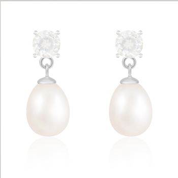 White Freshwater Pearl And White Topaz Drop Earrings In Sterling Silver