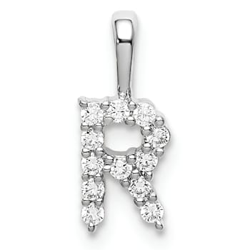 Rhodium Over 14K White Gold Lab Grown Diamond Letter R Initial Pendant