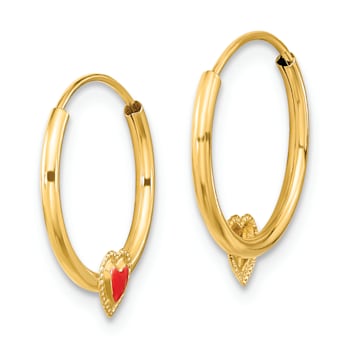 14k Yellow Gold 1/2" Polished Red Enameled Heart Hoop Earrings