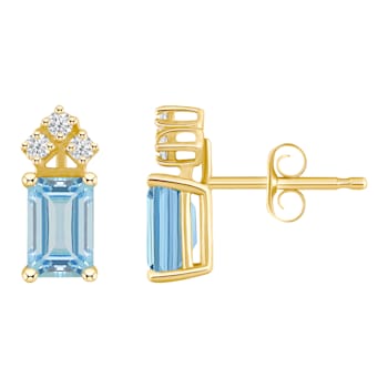6x4mm Emerald Cut Aquamarine with Diamond Accents 14k Yellow Gold Stud Earrings