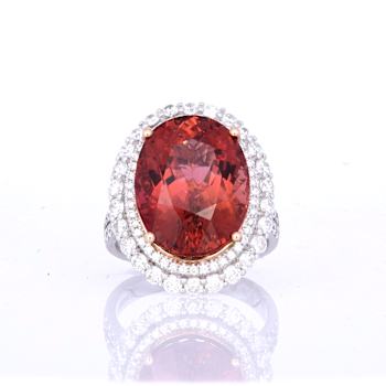 14.38 Ctw Rubelite and 1.60 Ctw White Diamond Ring in 14K 2-Tone